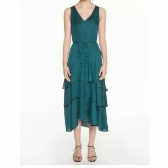 VERONIKA MAINE DARK TEAL SOFT SATIN TIERED TIE MIDI DRESS *NEW* 12 14 cue - Picture 3 of 3